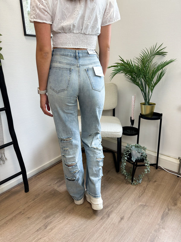 Nona Destroyed Back Ripped Wide Leg Jeans - Vintage Blue Denim