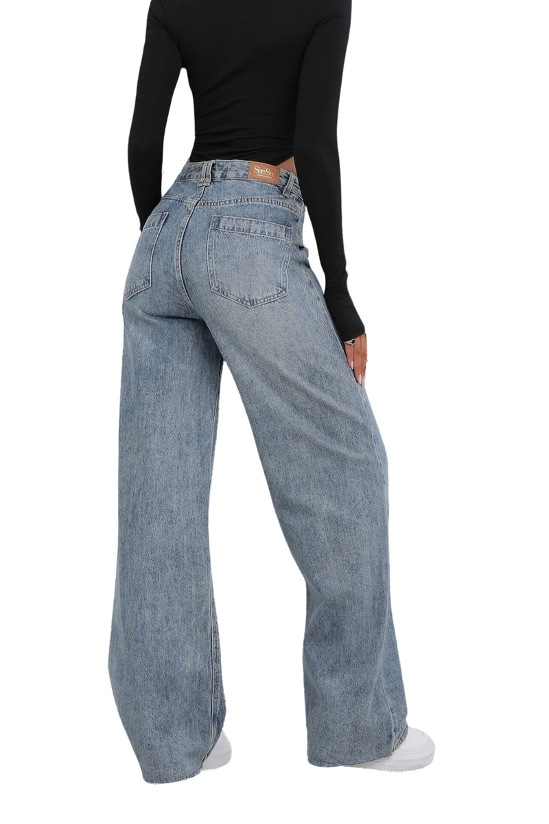 Leah Double Wide Leg Jeans - Blue Denim