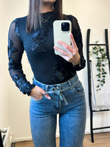 Neda Flower Mesh Top- Black