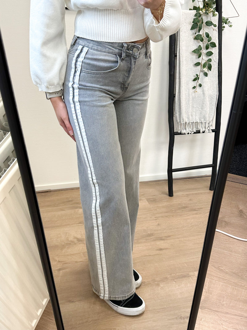 Rayenna Striped Stretch Wide Leg Jeans - Grey Denim