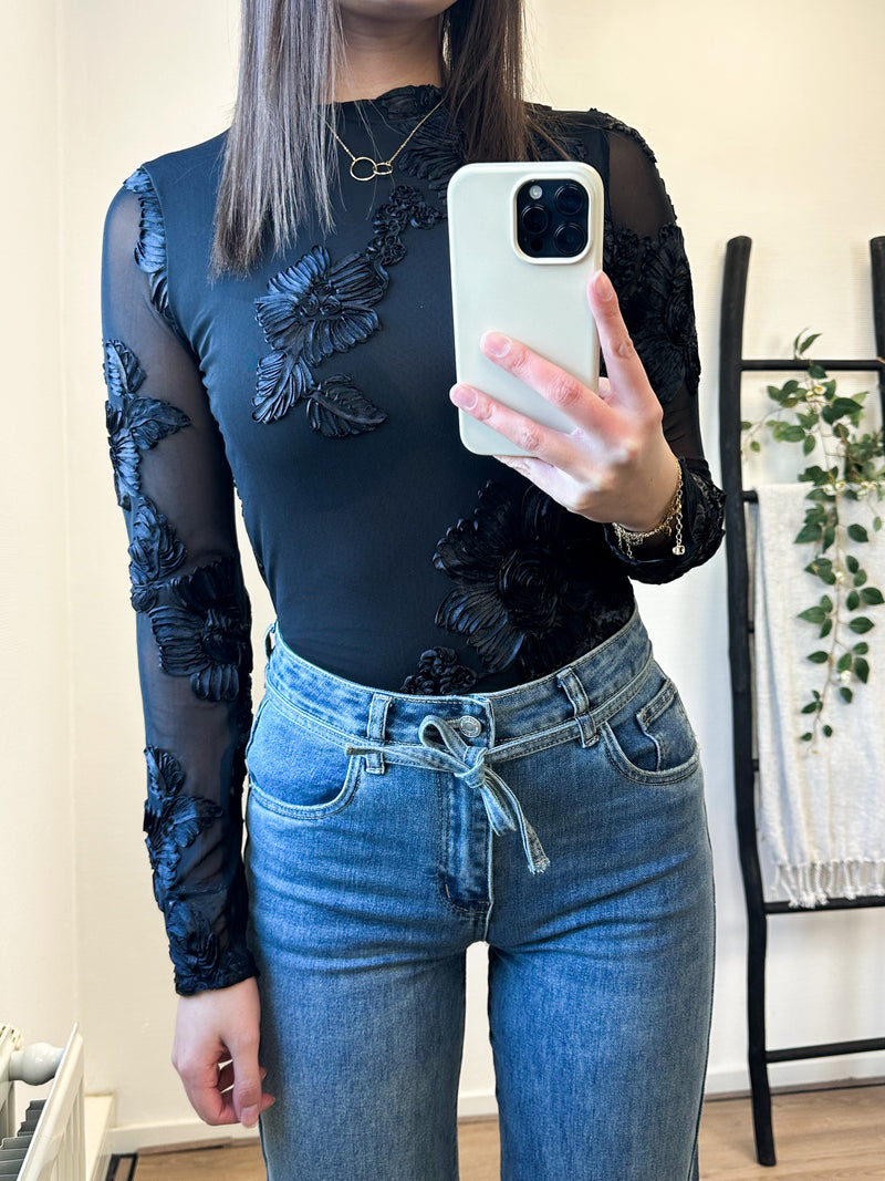 Neda Flower Mesh Top- Black