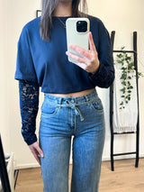 Candice Lace Sleeves Basic Tee - Navy