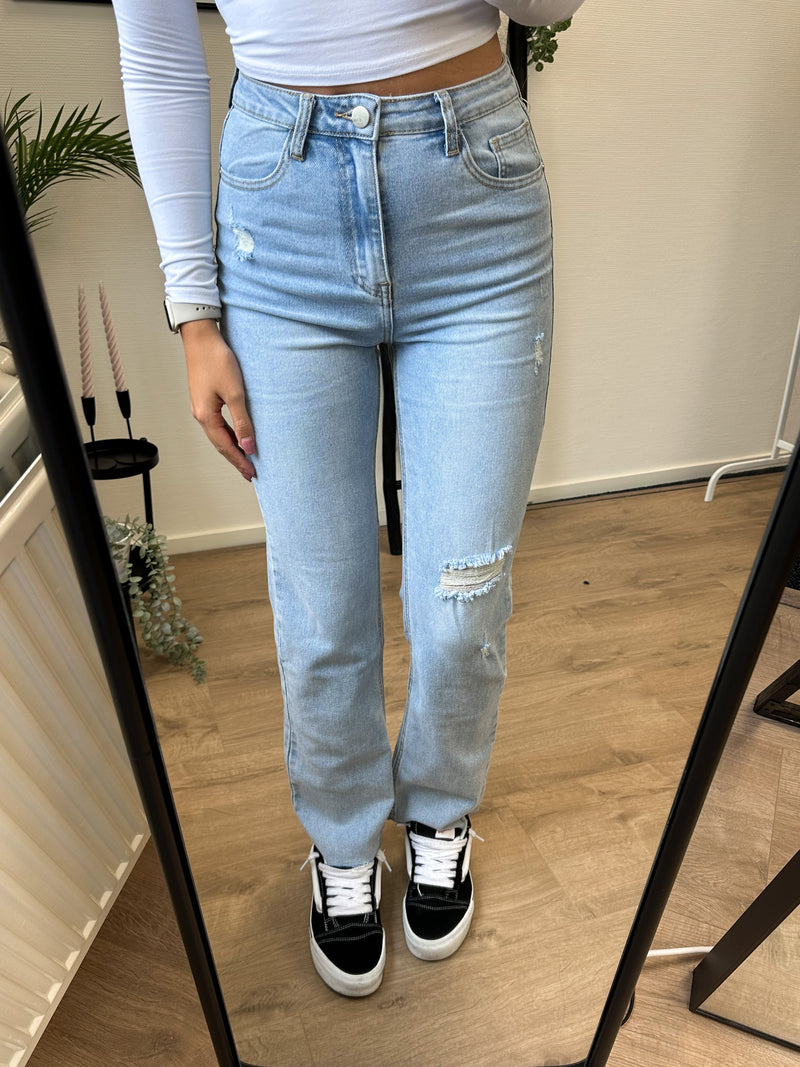 Julie Destroyed Stretch Straight Leg Jeans - Denim Blue