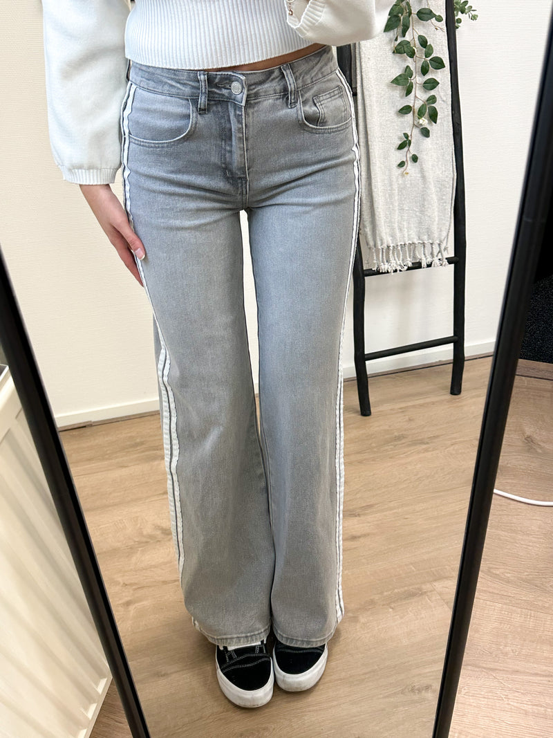 Rayenna Striped Stretch Wide Leg Jeans - Grey Denim