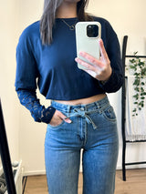 Candice Lace Sleeves Basic Tee - Navy