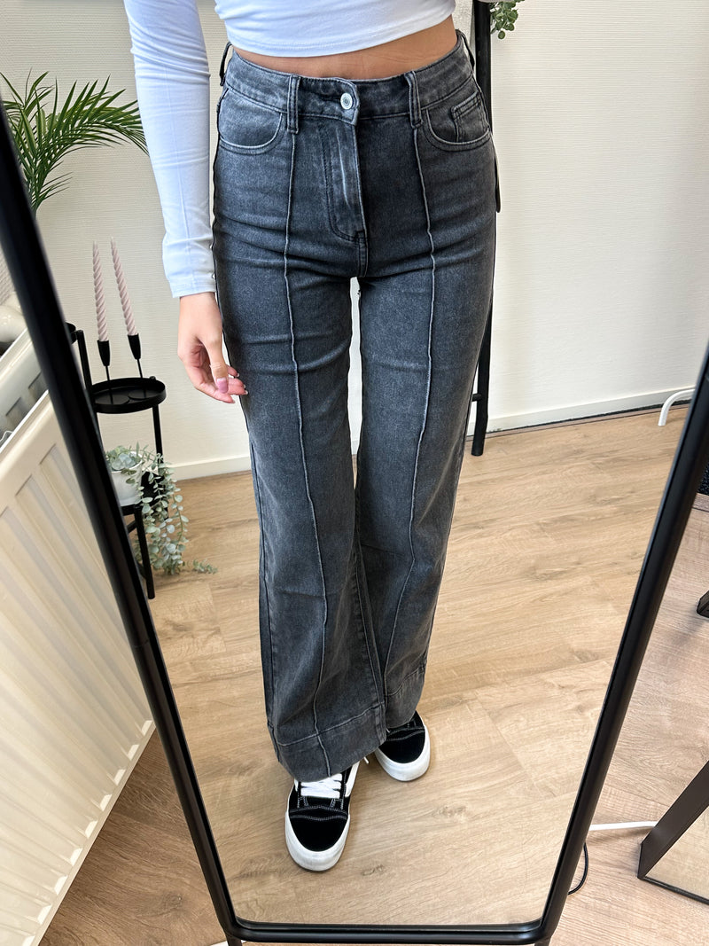 Carline Striped Stretch Wide Leg Jeans - Dark Grey