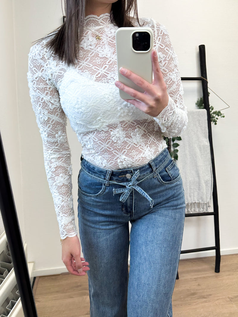 Serina Lace Flower Printed Top - White