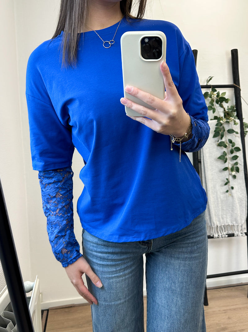 Odelia Lace Sleeves Basic Tee - Cobalt