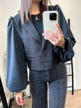 Sanne Puff Sleeve Cropped Blazer - Dark Grey Strass