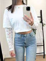 Candice Lace Sleeves Basic Tee - White