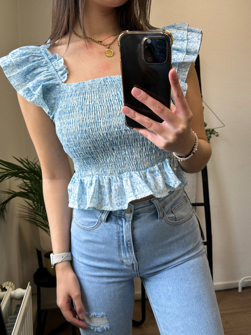 Mady Ruffle Crop Top - Printed Blue