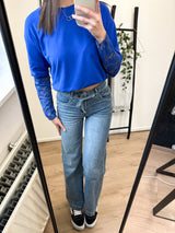 Odelia Lace Sleeves Basic Tee - Cobalt