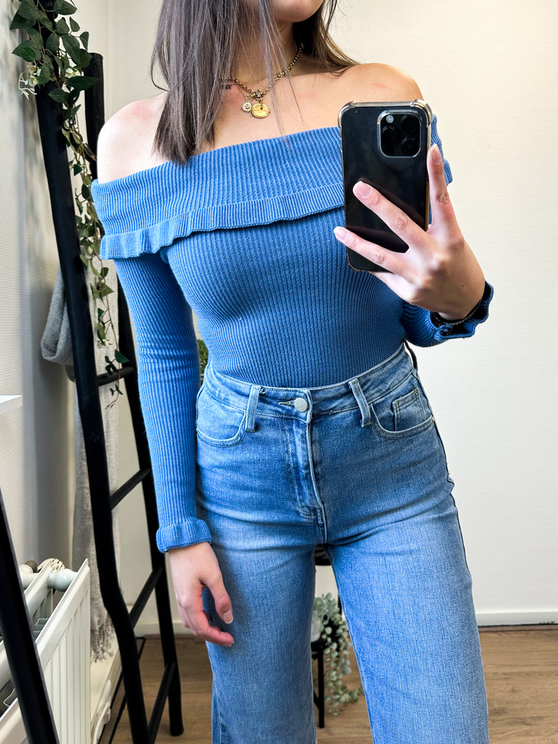 Eloise Off Shoulder Ruffle Top - Denim Blue