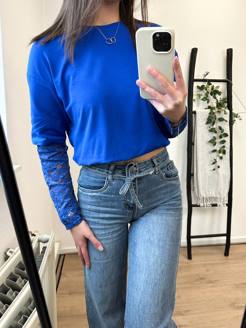 Odelia Lace Sleeves Basic Tee - Cobalt