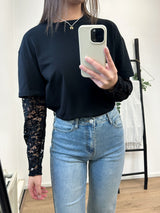 Candice Lace Sleeves Basic Tee - Black