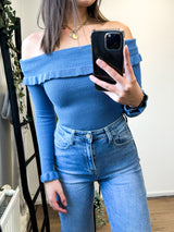 Eloise Off Shoulder Ruffle Top - Denim Blue