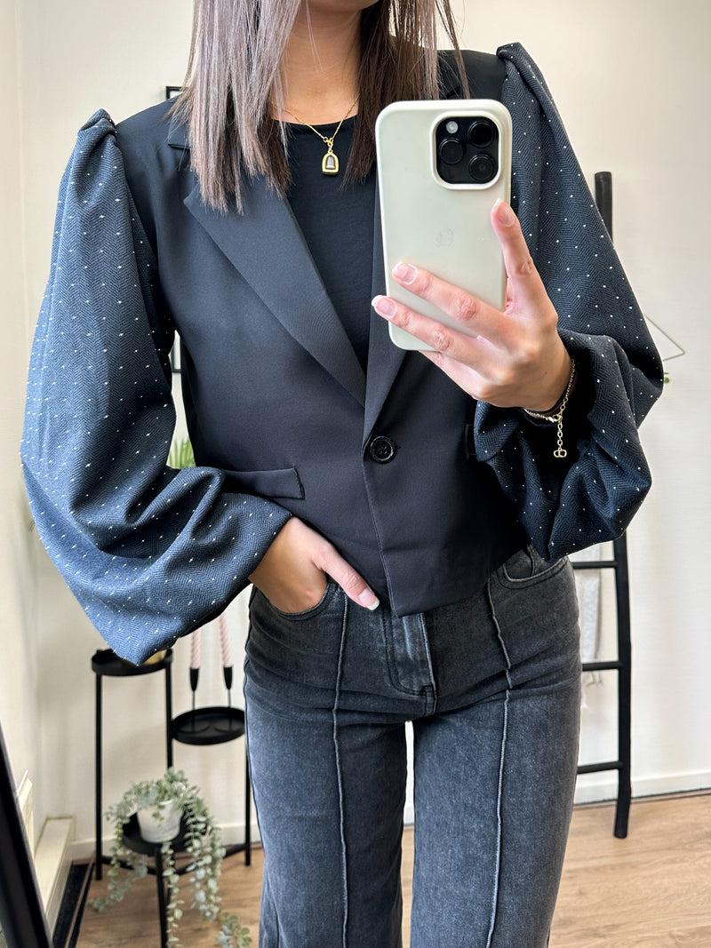 Sanne Puff Sleeve Cropped Blazer - Dark Grey Strass