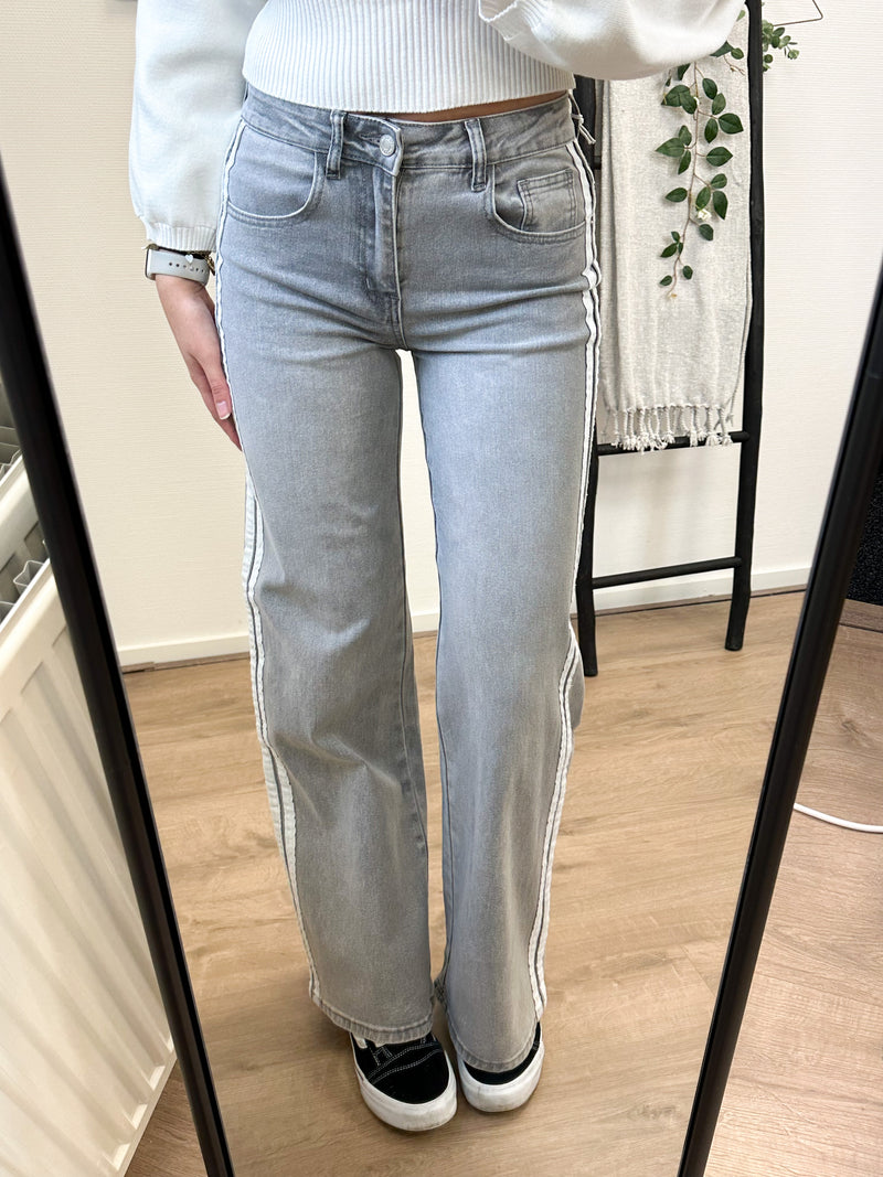 Rayenna Striped Stretch Wide Leg Jeans - Grey Denim