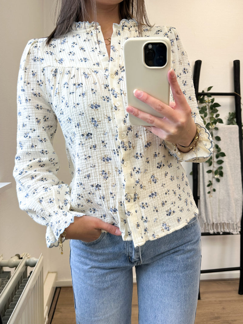 Bobbi Printed Blouse - Beige/Blue