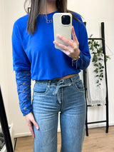 Odelia Lace Sleeves Basic Tee - Cobalt